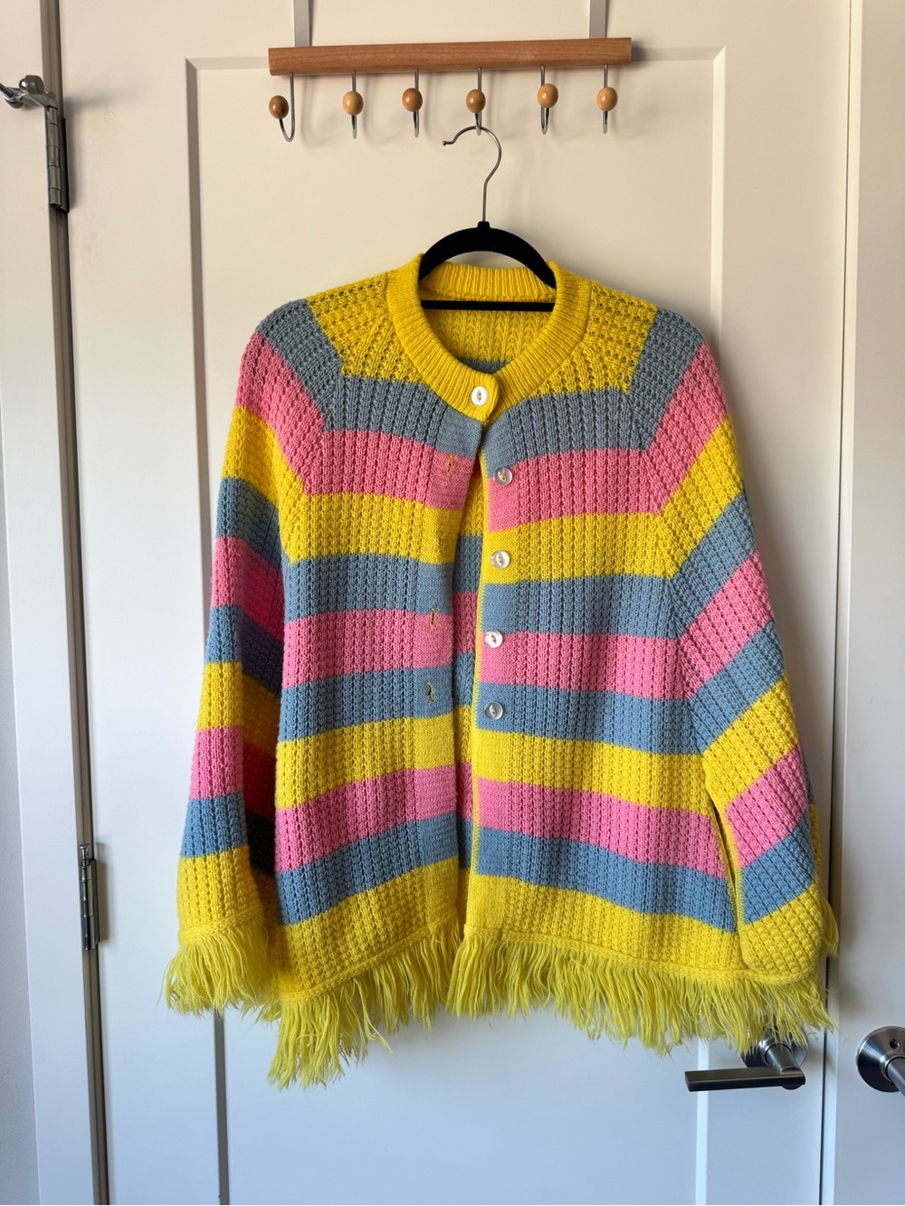 HAND MADE! Striped Fringe Knit Cardigan Sweater - Yellow, Pink & Blue